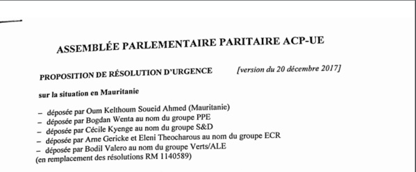 ACP - UE : proposition de résolution d'urgence sur la situation en Mauritanie ( version 20 décembre 2017 )
