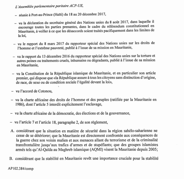 ACP - UE : proposition de résolution d'urgence sur la situation en Mauritanie ( version 20 décembre 2017 )
