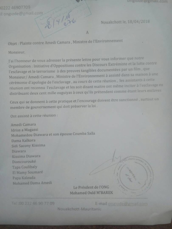 Mauritanie : Plainte contre le ministre de l’environnement et du développement durable pour apologie de l’esclavage Mauritanie : Plainte contre le ministre de l’environnement et du développement durable pour apologie de l’esclavage