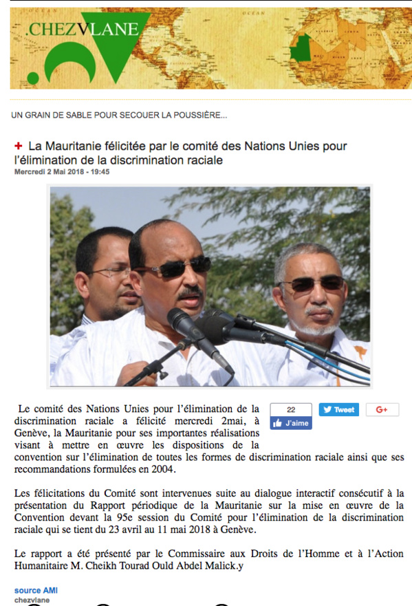 Mensonge : la Mauritanie n'a jamais été félicitée par le Comité pour l'élimination de la discrimination raciale à Genève…