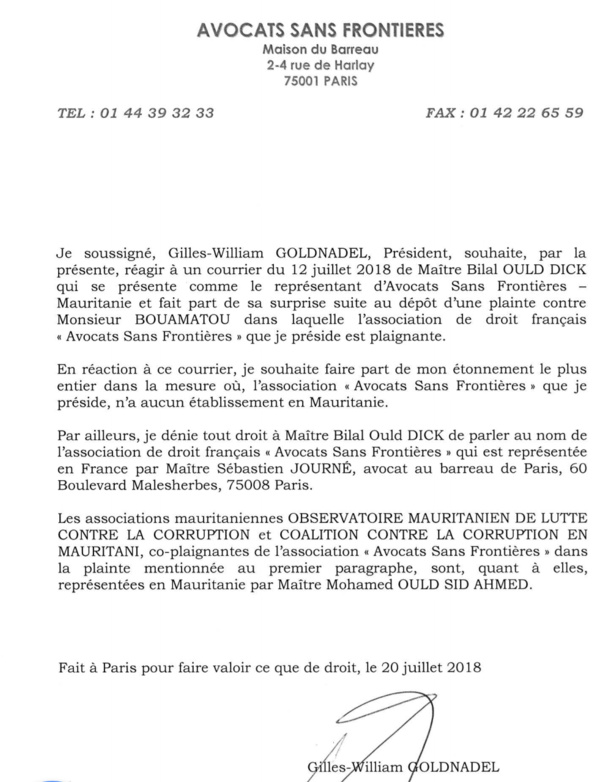 Avocats Sans Frontières dénit tout droit à Me Ould Dick de parler en son nom Avocats Sans Frontières dénit tout droit à Me Ould Dick de parler en son nom