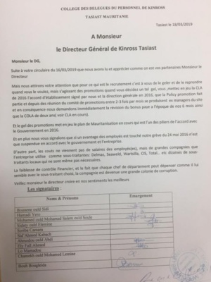 Gel des promotions a Kinross Tasiast : les délégués du personnel répondent au Vice-Président et Directeur Général de TMLSA