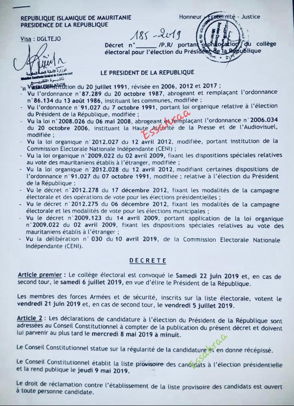 Convocation du collège électoral pour l’élection du Président