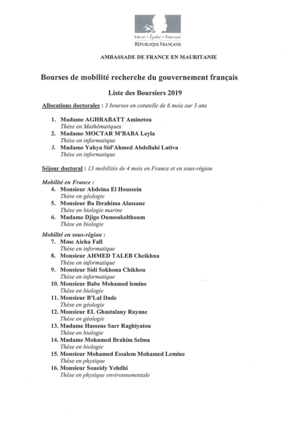 Liste des boursiers du gouvernement français 2019 Liste des boursiers du gouvernement français 2019