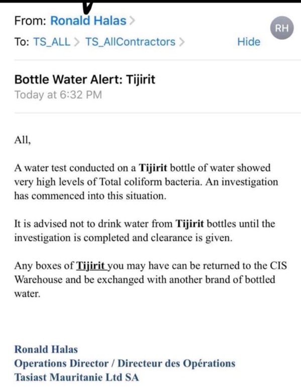 Mauritanie : L’eau minérale en bouteille « tijirit », contaminée par des bactéries coliformes Mauritanie : L’eau minérale en bouteille « tijirit », contaminée par des bactéries coliformes
