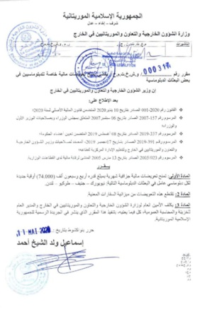 Prime de 74000 mru à certains diplomates Prime de 74000 mru à certains diplomates