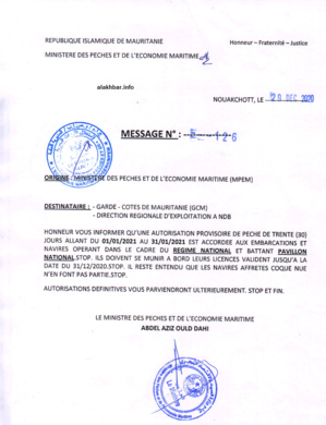 Autorisation de pêche provisoire aux navires battant pavillon national Autorisation de pêche provisoire aux navires battant pavillon national