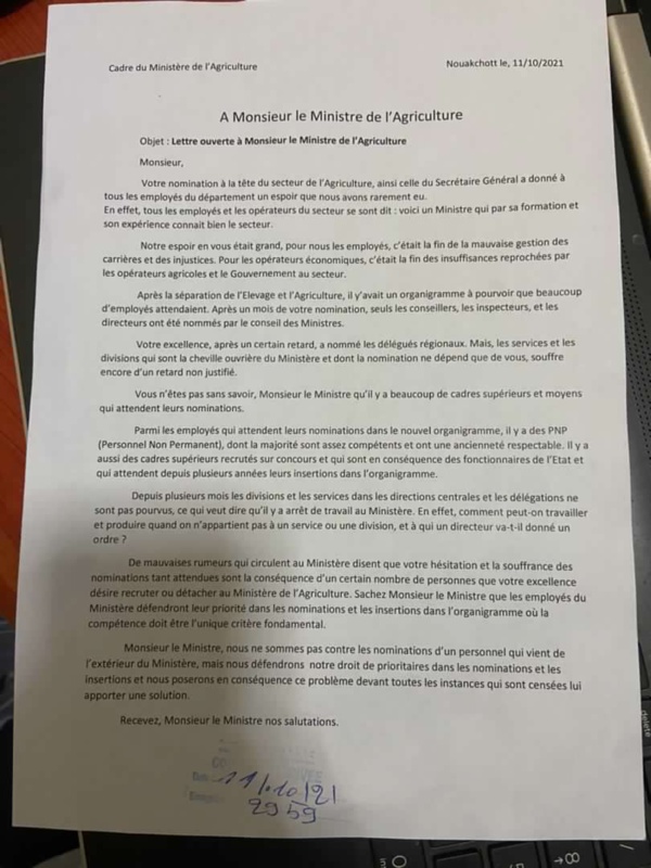 A Monsieur le Ministre de l’Agriculture