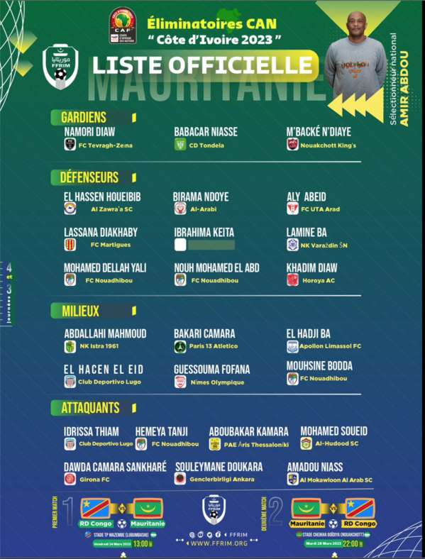 Eliminatoires CAN 2024 : la liste des Mourabitounes contre la RDC Eliminatoires CAN 2024 : la liste des Mourabitounes contre la RDC