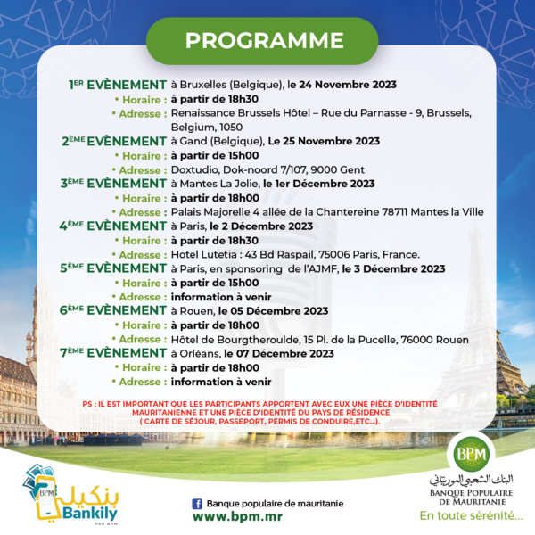 Communiqué : la BPM à la rencontre de la diaspora mauritanienne 🇲🇷 en France 🇫🇷 et en Belgique 🇧🇪 Communiqué : la BPM à la rencontre de la diaspora mauritanienne 🇲🇷 en France 🇫🇷 et en Belgique 🇧🇪