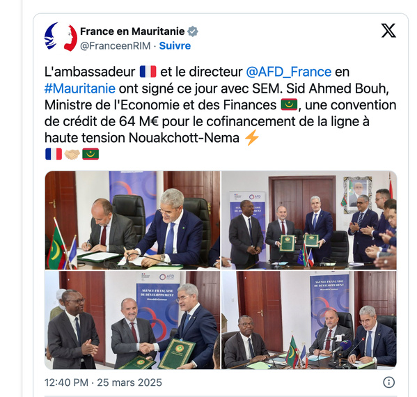 La Mauritanie obtient un prêt de 64 millions € de l’AFD en vue de son intégration au WAPP La Mauritanie obtient un prêt de 64 millions € de l’AFD en vue de son intégration au WAPP