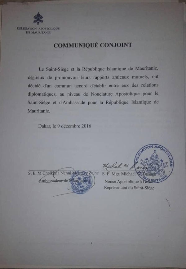 Mauritanie / Vatican : en 2016 S.E.M Cheikhna Ould Nenni Ould Moulaye Zeine établissait les relations diplomatiques 