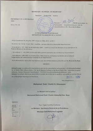 Merci excellence ! Après notre article le chef de l'Etat a accordé la nationalité mauritanienne à l'italien Riccardo Di Biase Merci excellence ! Après notre article le chef de l'Etat a accordé la nationalité mauritanienne à l'italien Riccardo Di Biase
