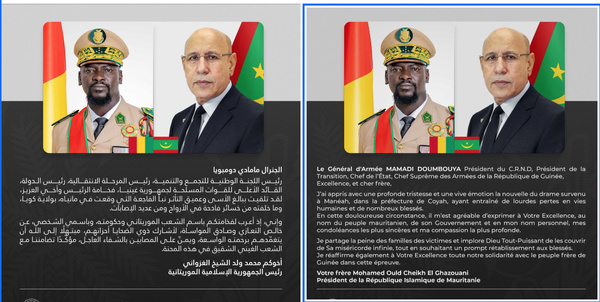 Le Président de la République présente ses condoléances au Président de la Transition, Chef de l’État de la République de Guinée