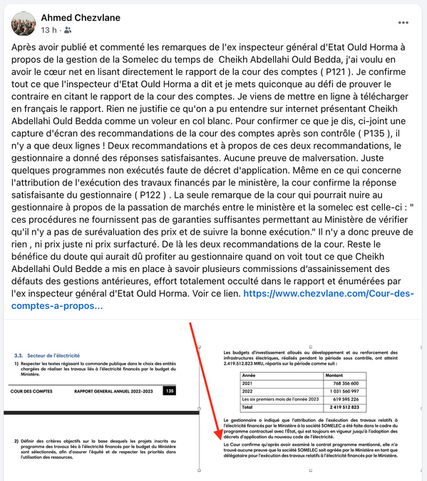 Cour des comptes à propos Cheikh Abdellahi Ould Bedda ( dossier Somelec ) : responsable de l'héritage mais pas coupable du bilan !