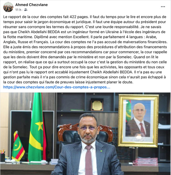 Cour des comptes à propos Cheikh Abdellahi Ould Bedda ( dossier Somelec ) : responsable de l'héritage mais pas coupable du bilan !