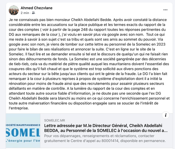 Cour des comptes à propos Cheikh Abdellahi Ould Bedda ( dossier Somelec ) : responsable de l'héritage mais pas coupable du bilan !