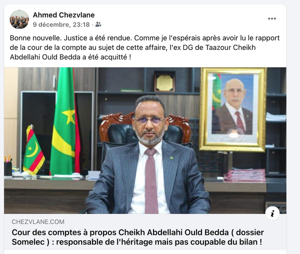 Cour des comptes à propos Cheikh Abdellahi Ould Bedda ( dossier Somelec ) : responsable de l'héritage mais pas coupable du bilan ! Cour des comptes à propos Cheikh Abdellahi Ould Bedda ( dossier Somelec ) : responsable de l'héritage mais pas coupable du bilan !