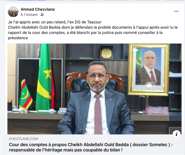 Cour des comptes à propos Cheikh Abdellahi Ould Bedda ( dossier Somelec ) : responsable de l'héritage mais pas coupable du bilan ! Cour des comptes à propos Cheikh Abdellahi Ould Bedda ( dossier Somelec ) : responsable de l'héritage mais pas coupable du bilan !