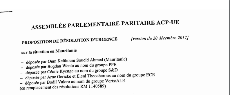 ACP - UE : proposition de résolution d'urgence sur la situation en Mauritanie ( version 20 décembre 2017 )
