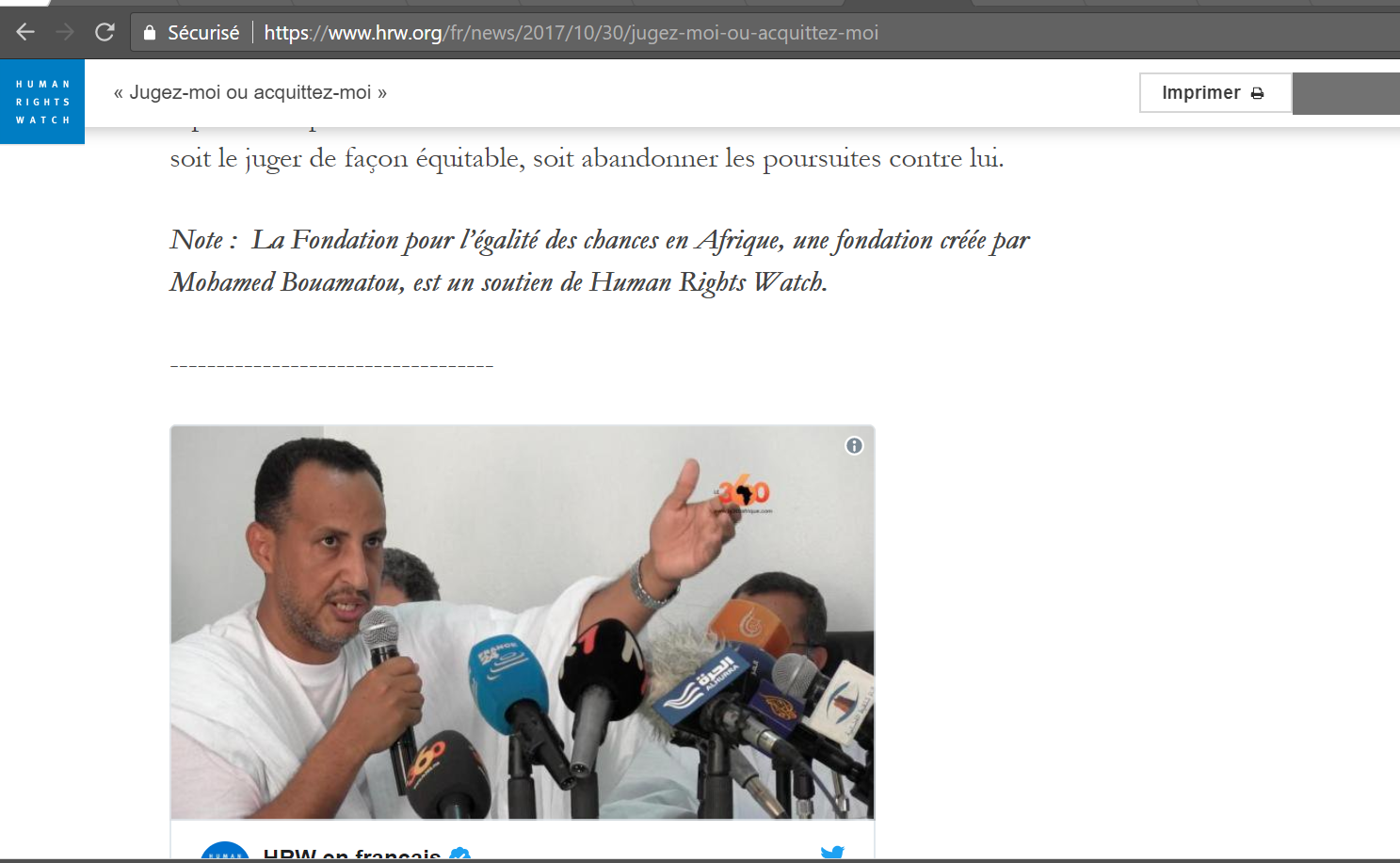 Incroyable bêtise : Human Rights Watch financé par Bouamatou !