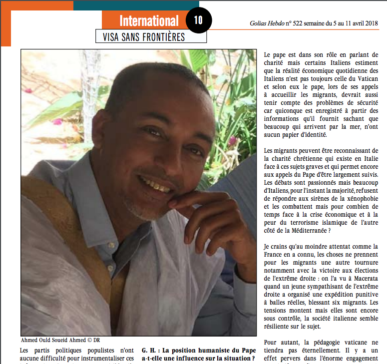 "  La crise migratoire italienne : un autre regard " : Interview d'Ahmed Ould Soueid Ahmed pour la revue Golias "  La crise migratoire italienne : un autre regard " : Interview d'Ahmed Ould Soueid Ahmed pour la revue Golias