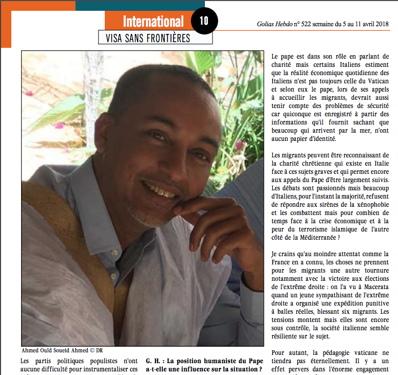 "  La crise migratoire italienne : un autre regard " : Interview d'Ahmed Ould Soueid Ahmed pour la revue Golias