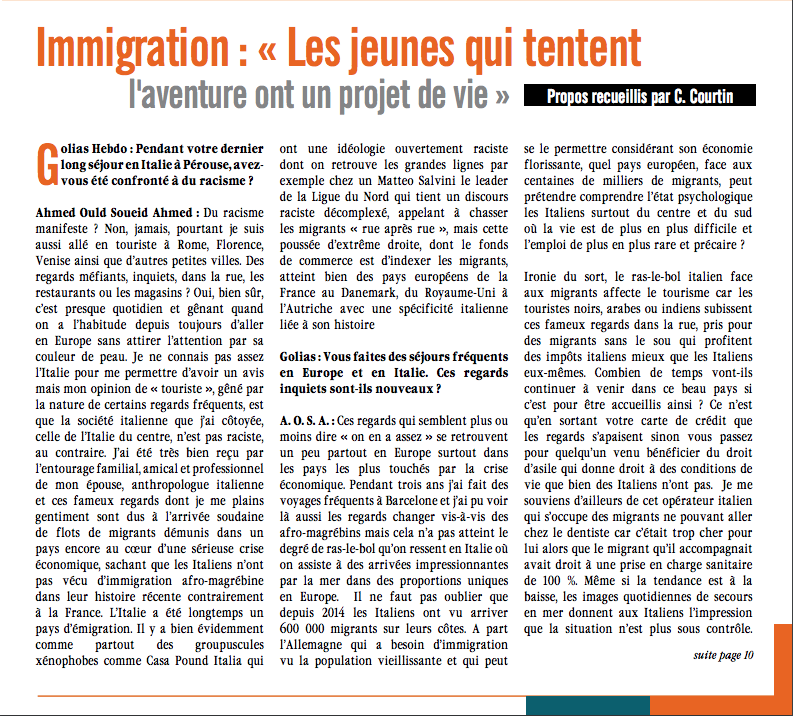 "  La crise migratoire italienne : un autre regard " : Interview d'Ahmed Ould Soueid Ahmed pour la revue Golias
