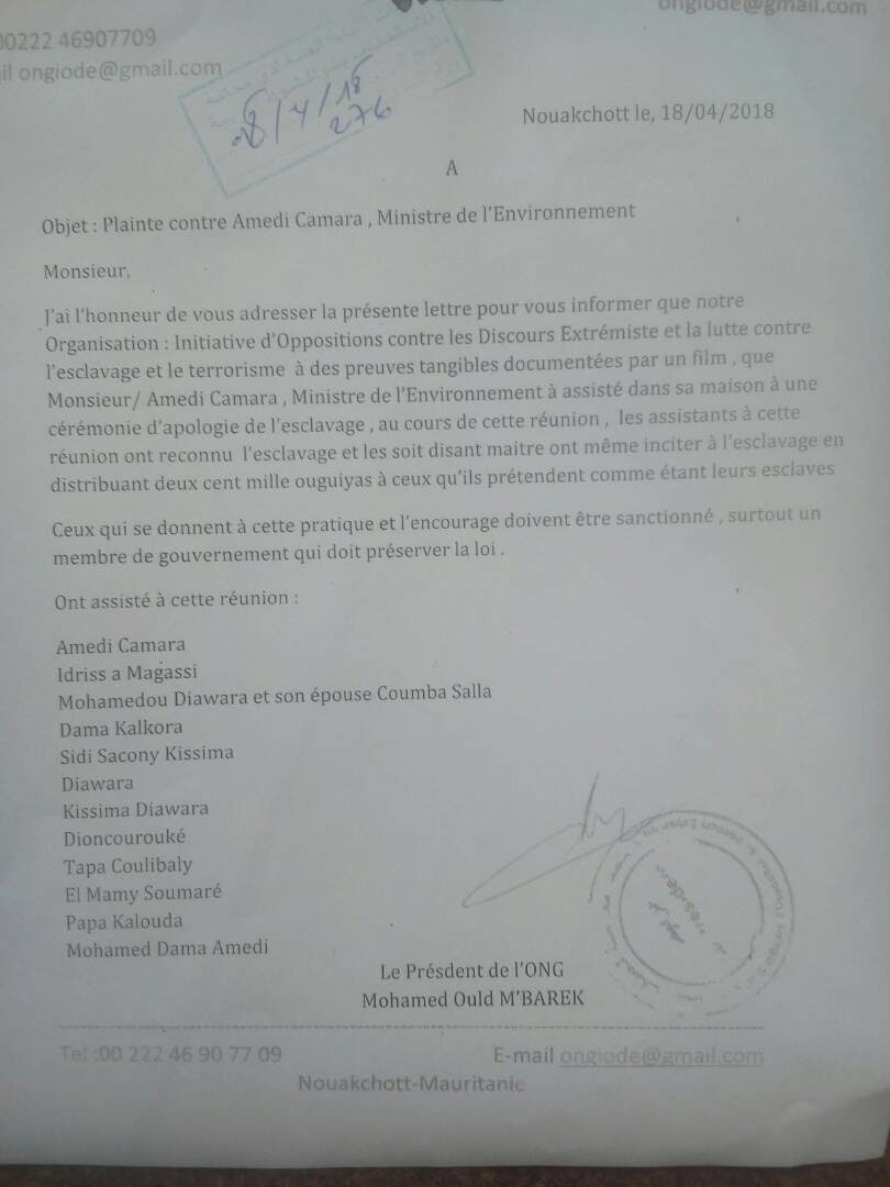 Mauritanie : Plainte contre le ministre de l’environnement et du développement durable pour apologie de l’esclavage