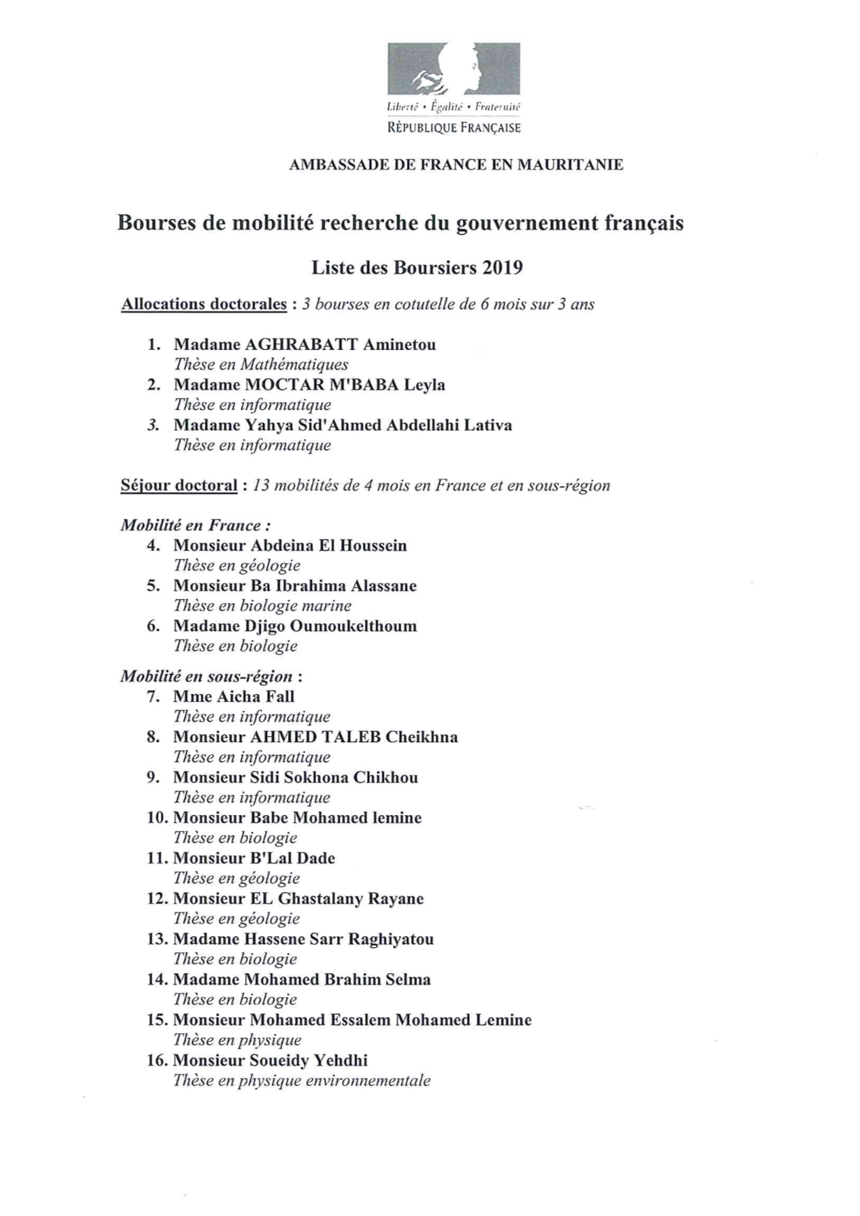 Liste des boursiers du gouvernement français 2019
