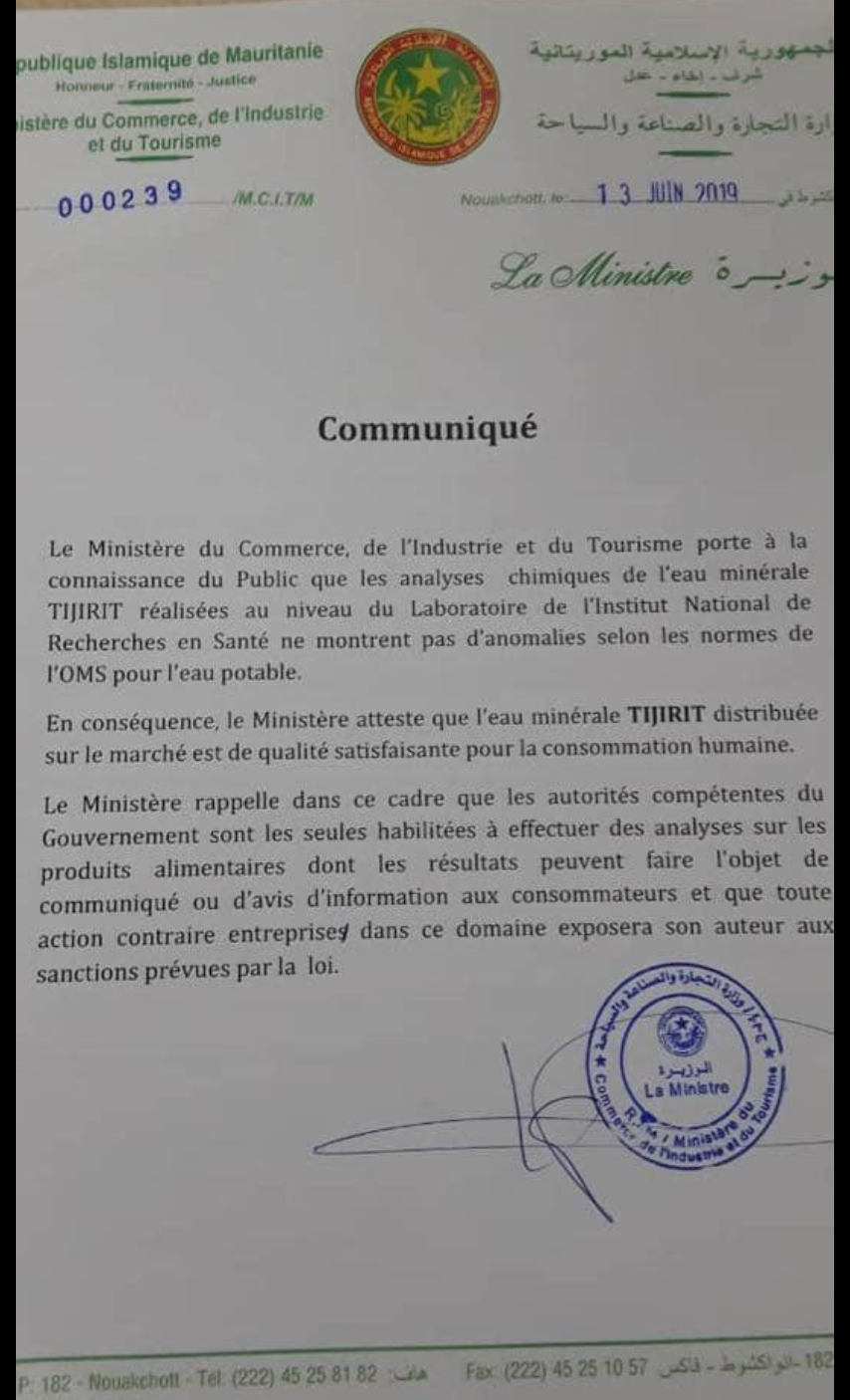 L’Eau minérale Tijirit est de qualité satisfaisante pour la consommation humaine (ministère du commerce) L’Eau minérale Tijirit est de qualité satisfaisante pour la consommation humaine (ministère du commerce)