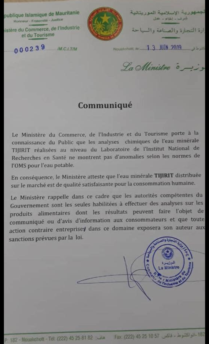 L’Eau minérale Tijirit est de qualité satisfaisante pour la consommation humaine (ministère du commerce)