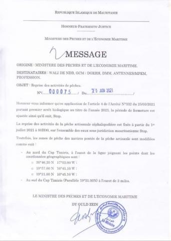 La reprise des activités de pêche artisanale céphalopodière fixée au 1er juillet à minuit...Fac-simulé