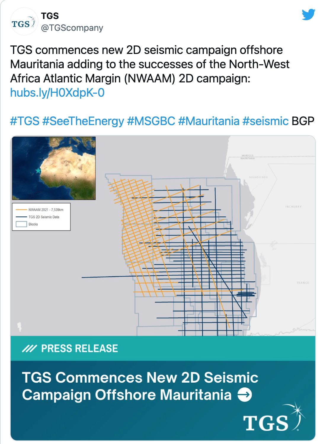 TGS lance une nouvelle campagne sismique 2D au large de la Mauritanie
