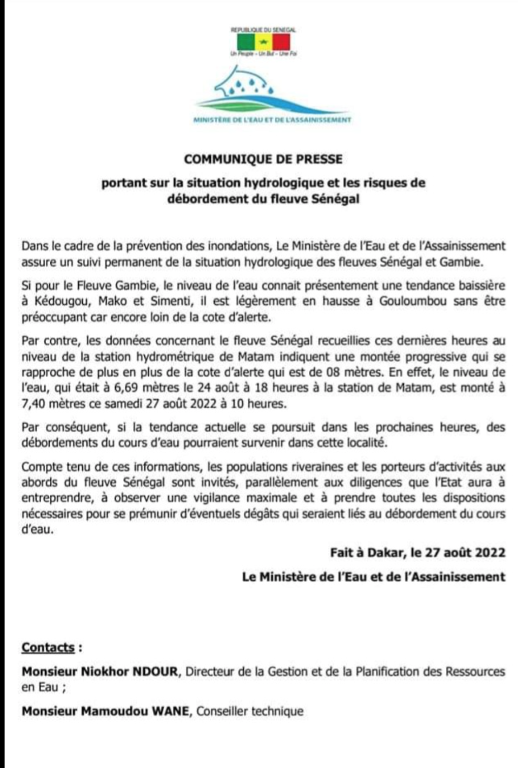 Risques d’inondations à partir du fleuve Sénégal