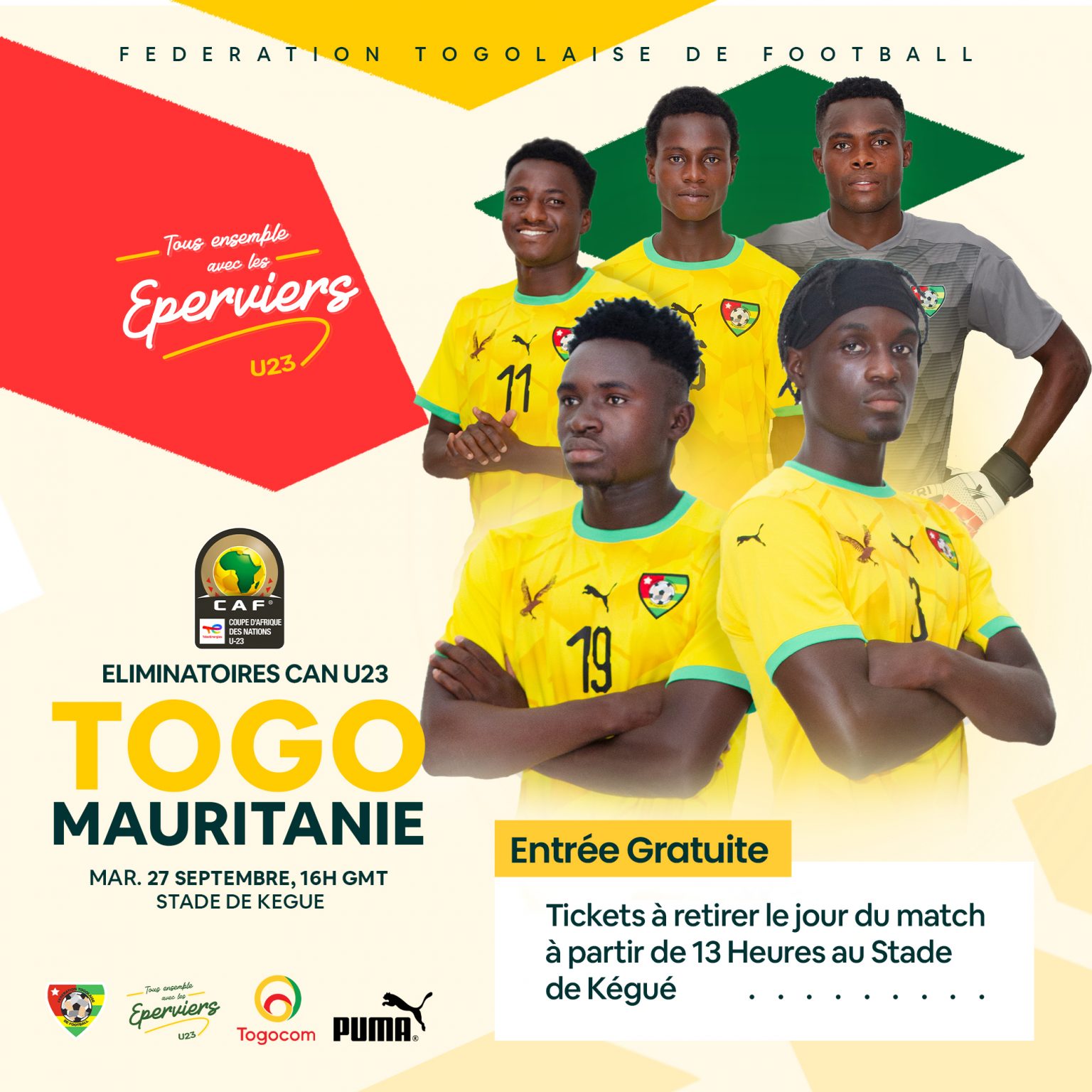 Togo-Mauritanie U-23 : Match retour du premier tour éliminatoire de la CAN U-23 : L’entrée est libre et gratuite !