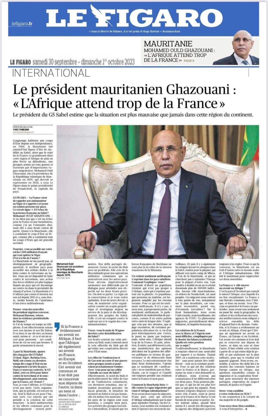 Le président de la République au Figaro : Le G5 Sahel est un acquis géopolitique et stratégique majeur qu’il convient de préserver