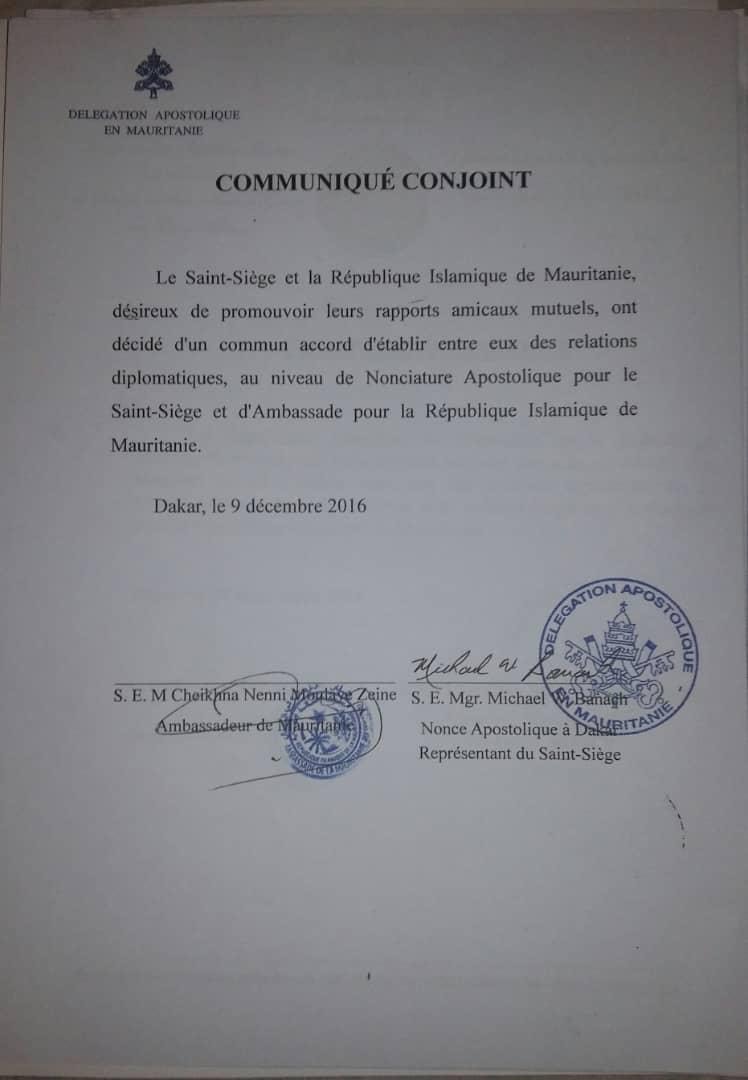 Mauritanie / Vatican : en 2016 S.E.M Cheikhna Ould Nenni Ould Moulaye Zeine établissait les relations diplomatiques 
