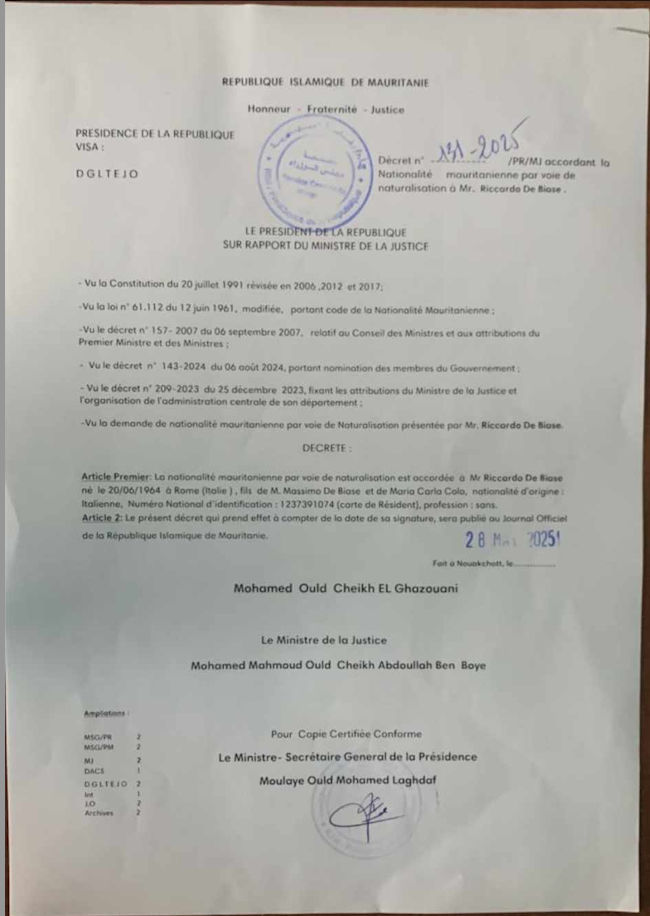Merci excellence !  Après notre article le chef de l'Etat a accordé la nationalité mauritanienne à l'italien Riccardo Di Biase