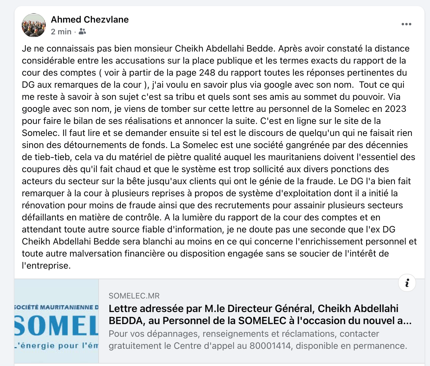 Cour des comptes à propos Cheikh Abdellahi Ould Bedda ( dossier Somelec ) : responsable de l'héritage mais pas coupable du bilan !