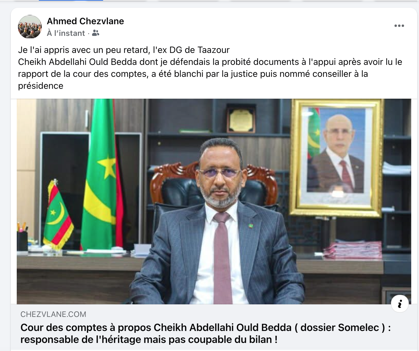 Cour des comptes à propos Cheikh Abdellahi Ould Bedda ( dossier Somelec ) : responsable de l'héritage mais pas coupable du bilan !