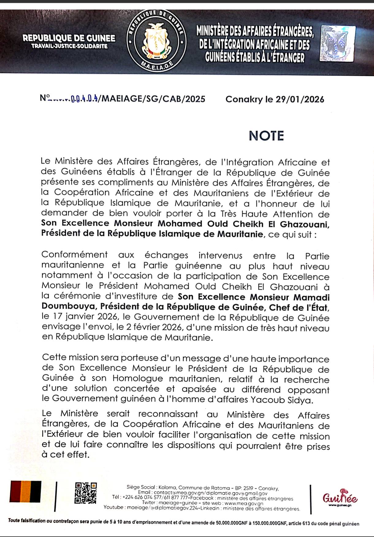 Affaire Yacoub Sidya / Raffinerie d'or en Guinée : la diplomatie mauritanienne en action